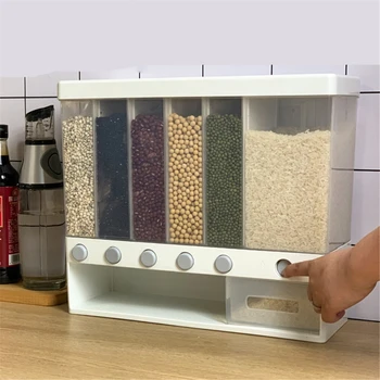 

Wall Mounted Food Dispenser,Whole Grains Rice Bucket,Large Capacity 6-Grid Storage Dry Food Dispenser, Dry Food Fruit