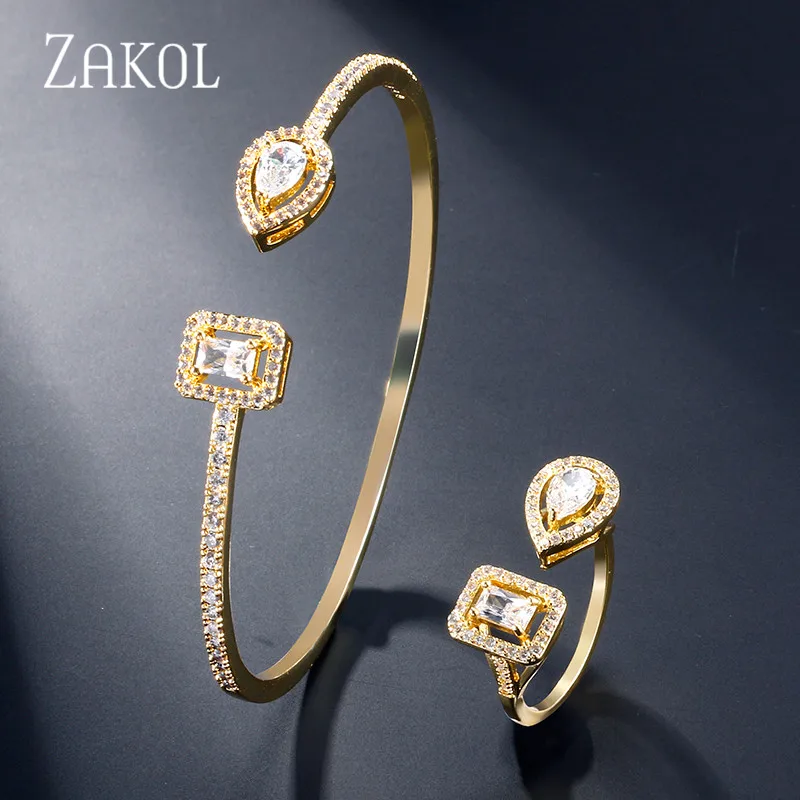 Gold Color Set Элегантный браслет ZAKOL с кубическим цирконием, регулируемое кольцо, набор свадебных украшений для женщин, подарок на свадьбу, день рождения, FSSP3046 - Окраска металла: Gold Color Set