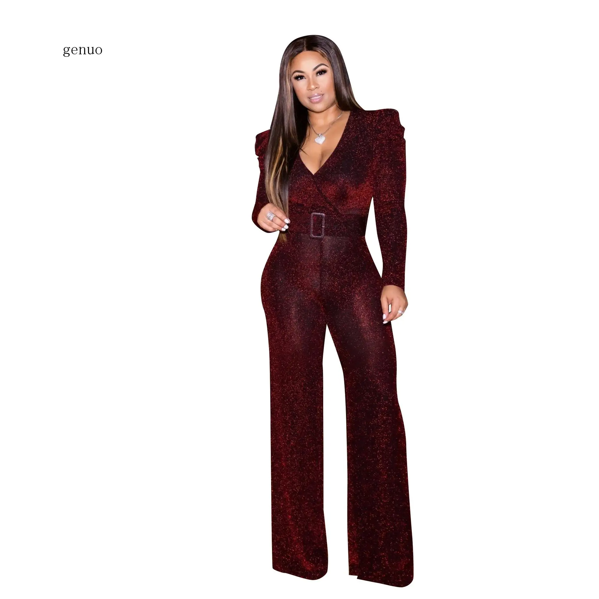 2020 Sexy Shiny Bodycon Jumpsuit Club Party Night Overalls Sexy Elegant One Piece Long Sleeve Deep V Neck Romper Women Jumpsuits