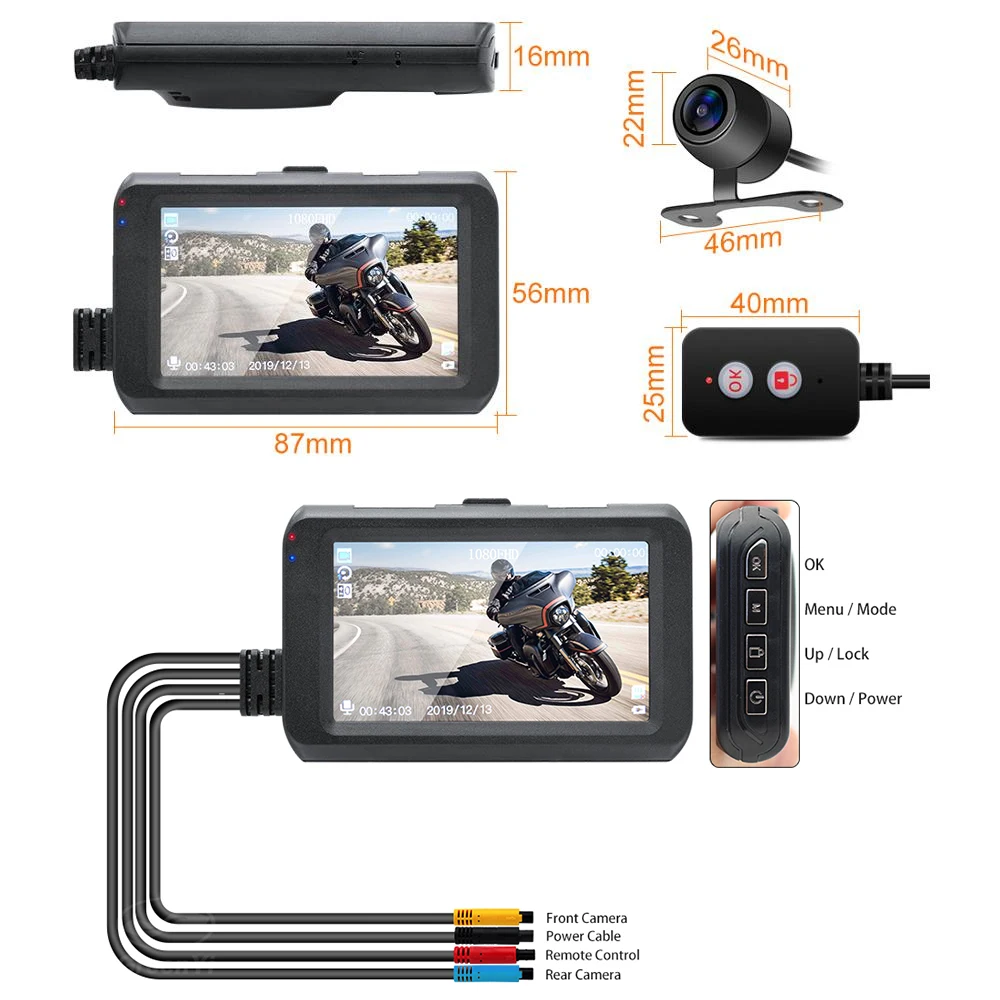 GreenYi Видеорегистраторы для мотоциклов Dash Cam 1080P Full HD спереди и вид сзади