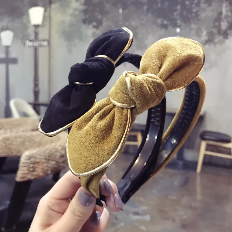 

South Korea New Style Suede Handmade Phnom Penh Rabbit Eared Bow Thin Edge Toothed Anti-slip Hair Bands Headband Hair Accessorie