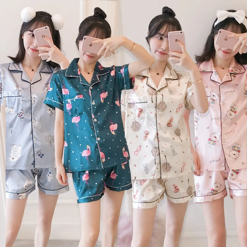 INS Pajamas Women's Summer Short-sleeved Sweet Korean-style Flamingo Summer Women's Imitated Silk Fabric Home Wear Two-Piece Set
