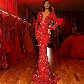 

Dress Women Long Dress платье Solid Red Slim Sparkling Sequin Dress Deep V-neck Long Sleeve Party Fishtail Dress Free Ship Z4