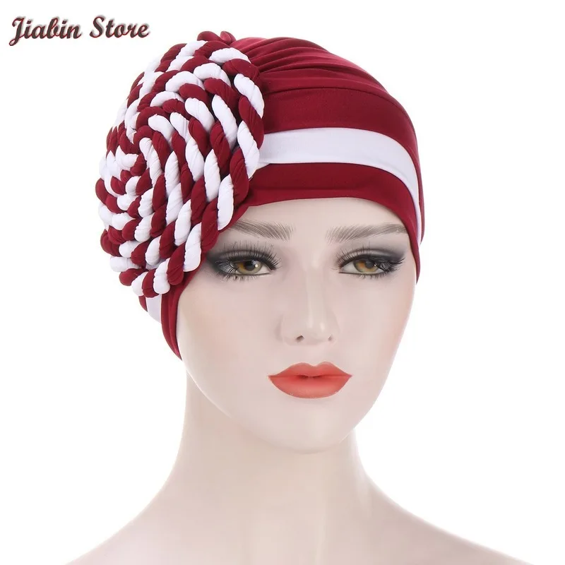 

Muslim Women Silk Braid Ruffle Turban Hat Cancer chemotherapy Chemo Beanies Caps Headwrap Plated Headwear Hair Accessories