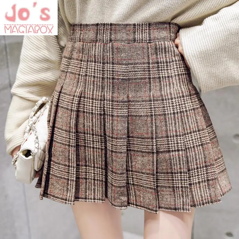Зимняя Милая клетчатая плиссированная Женская юбка в стиле Харадзюку, Повседневная винтажная Женская милая Корейская юбка с высокой талией, юбки выше колена