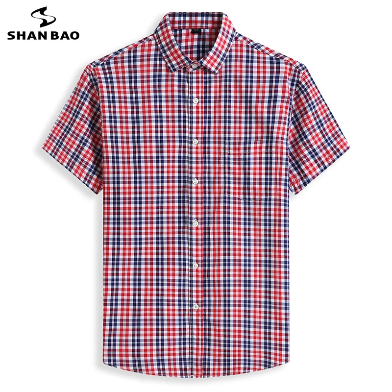 

SHAN BAO Large Size Loose Cotton Short Sleeve Shirt 2022 Summer Classic Brand Men's Plaid Shirt Red Blue 5XL 6XL 7XL 8XL 10XL