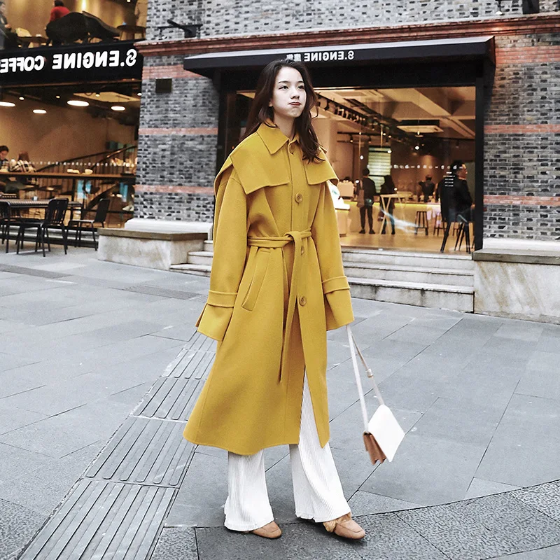 

Yellow Woolen Coat Mid-length 2020 Popular British Style Hepburn Fashion Elegant Woolen Jacket Women's Autumn & Winter