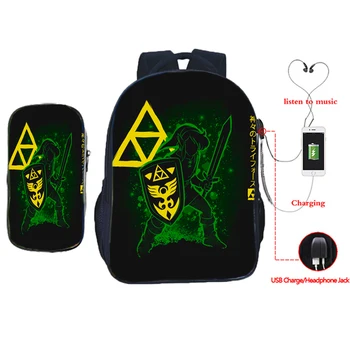 

New The Legend of Zelda USB Backpack Boys Girls Link School Bag Students Bookbag Teens Rucksack (2pcs Set/backpack pen Bag)