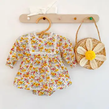 

Autumn Baby Girl Long Sleeve Bodysuit Yellow Floral Baby Jumpsuit With Headband Newborn Baby Girl Clothes