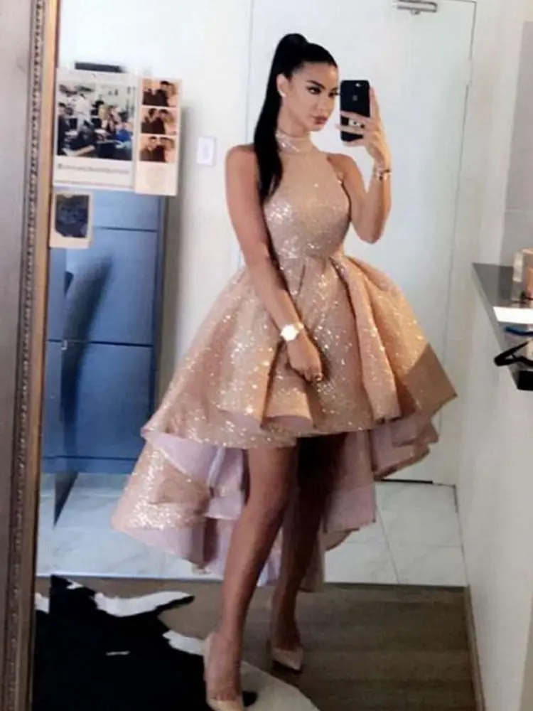 

Elegant Rose Gold High Neck Evening Dresses Sexy Short Front Long Back Sleeveless Formal Party Evening Gowns vestido de gala