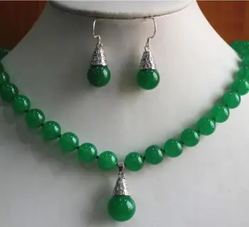 

Free Shipping 8mm green jades necklace+l hook earring&pendant necklace set