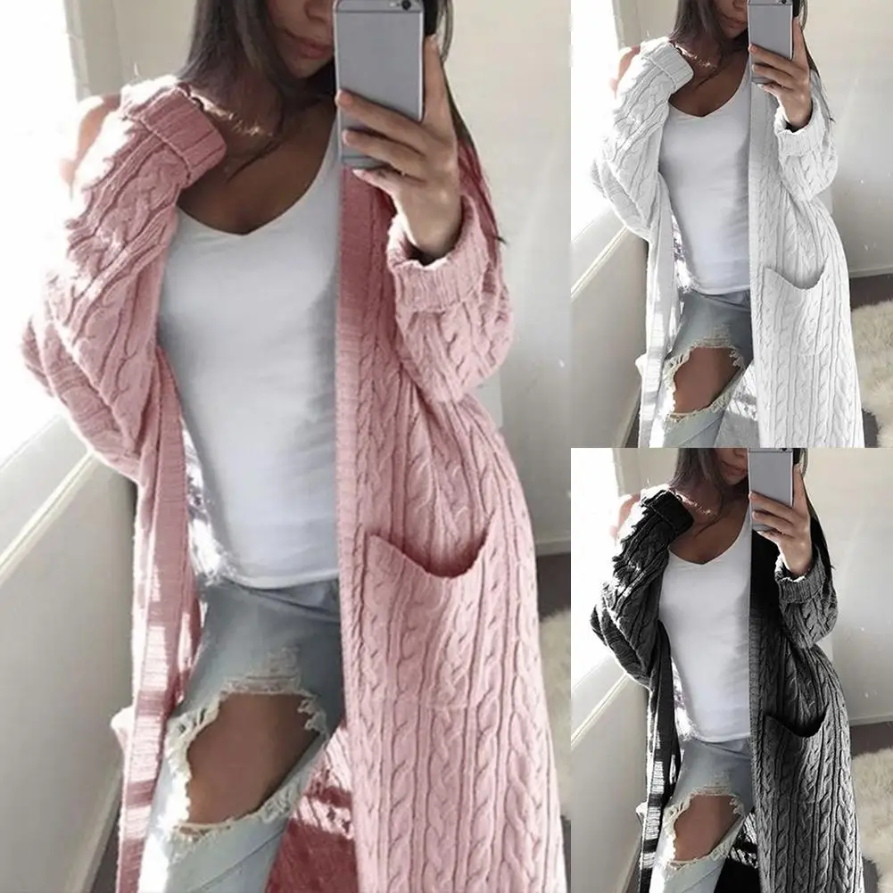 

New Winter Solid Color Women Warm Loose Open Front Knit Sweater Coat Long Cardigan