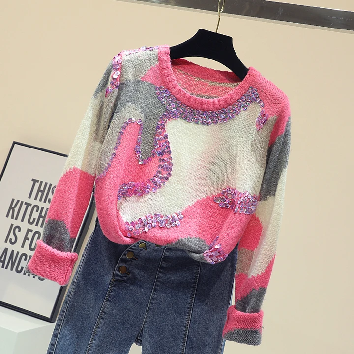 New Korean Women's Loose Sweater Girls Student Streetwear Lazy Wind Jumper Female Long Sleeve Sequins Knitted Shirt Pull Femme