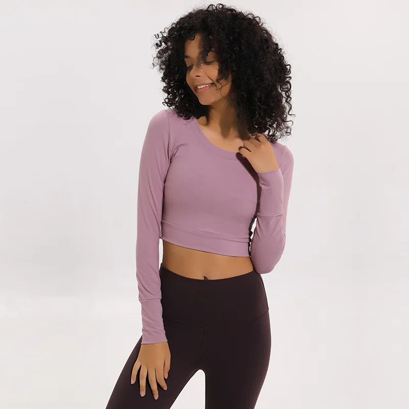 LANTECH, женская спортивная одежда с открытой спиной для тренировок, рубашки с длинным рукавом, облегающие топы с круглым вырезом для йоги, фитнеса, тренировок, тренажерного зала, спортивная одежда - Цвет: Розовый