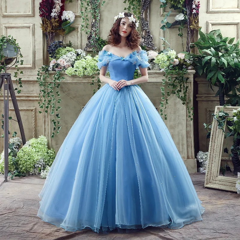 Cinderela Quinceanera Vestidos 2019 Novo Romatic Céu Azul Fora Do Ombro  Floral Longo Organza Formal Vestido De Baile Cosplay Vestido De Baile De  Hxhdress, $989,…