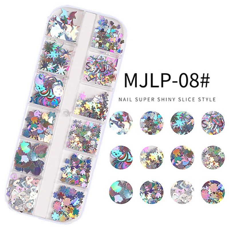 12 Grids Nail Glitter Sequins Irregular Mixed Geometry Flakes Paillette Tips Round Star Chrome Pigment DIY Nail Art Decoration
