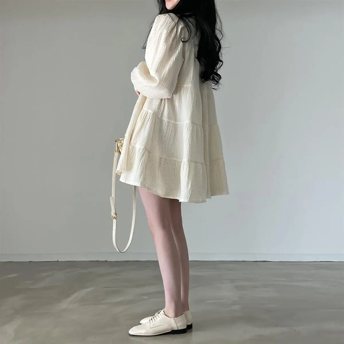 Long Sleeve Dress Women Ins Ulzzang Spring Lovely Solid A-line Ruffles Korean Apricot Fashion Retro Turn-down Collar  Clothes boho dresses