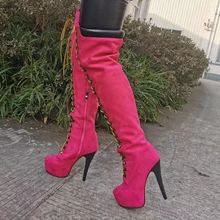 Женские ботфорты ручной работы на платформе сапоги на тонком высоком каблуке Очаровательная Красная обувь для вечеринок с круглым носком женская обувь, большие размеры США 5-20