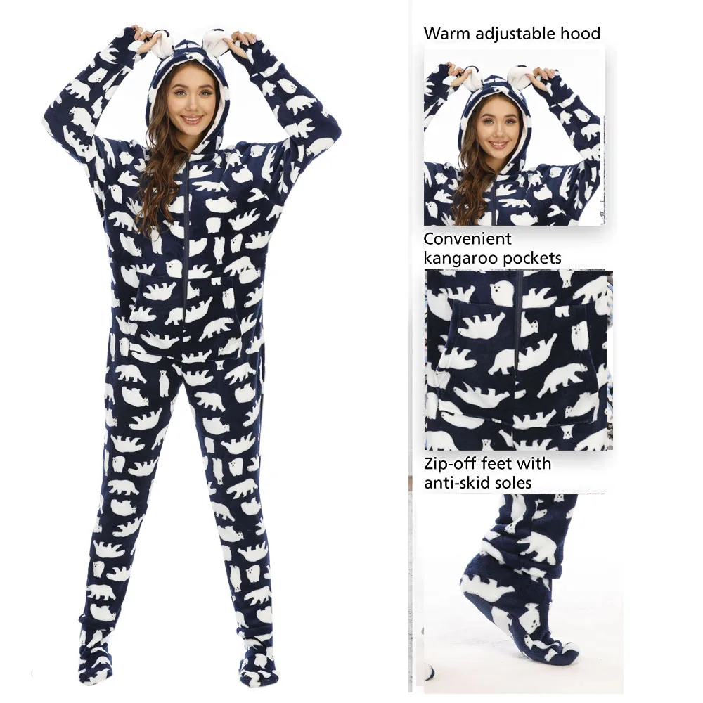Women Fleece Printed Footed Hooded Onesie Abdl One Piece Sleeper Jumpsuit Adult Pajamas