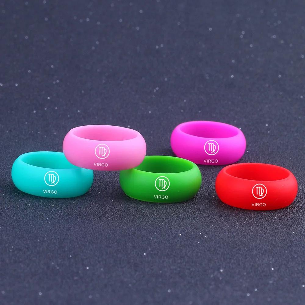 

Custom 12 Constellations LOGO VIRGO Silicone Rings Hypoallergenic Flexible Sports Rubber Finger Women Wedding Rings Band Set