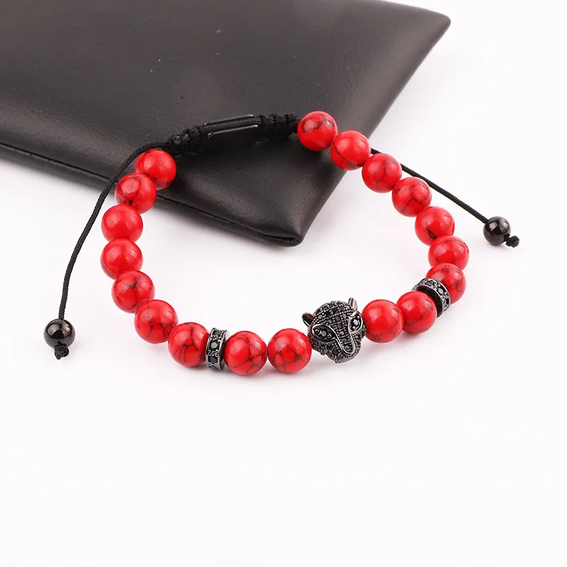 New Design Bracelet Men Red Turquoise Stone Hematite Beads CZ Pave Leopard Charm Macrame Bracelet Men Women - Image 6