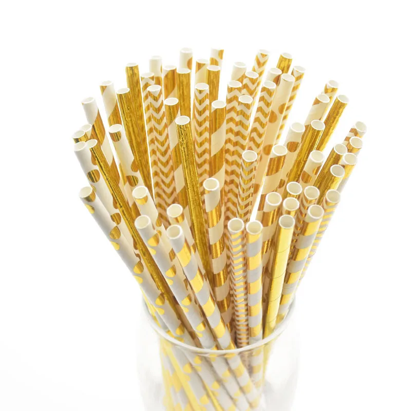 Золотая фольга белая тема свадебные приглашения одноразовая посуда бумажные тарелки соломинки Беби-Шауэр украшения на день рождения для взрослых - Цвет: 25pcs straws