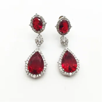 

Aisure Fashion Silver Color Red Cubic Zirconia Stone Round And Big Water Drop Dangle Long Earrings For Women