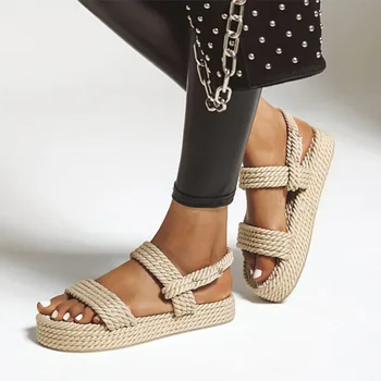 

Summer Woman Sandals Women's Hemp Women Flat Platform Straw Female Fashion 2020 New Ladies Slip On Beach Shoes Plus Size 43