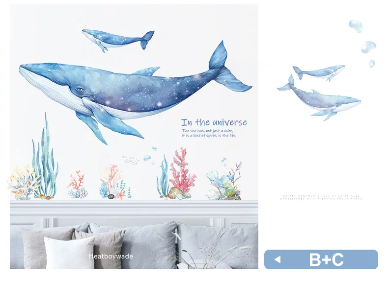 Cartoon Coral Whale Wall Sticker for Kids rooms Nursery Wall Decor Vinyl Tile stickers Waterproof Home Decor Wall Decals Murals