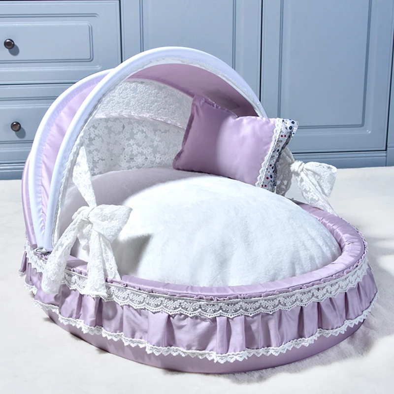 S, Purple WYSBAOSHU Cute Princess Pet Bed Bow-TIE Lace Cat Dog Bed 