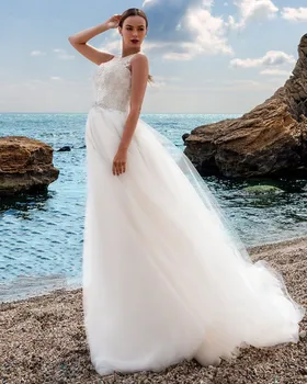 

2018 vestido de noiva Elegant Boat Neck Beach Delicate Appliques Beaded Soft Tulle Bridal Gown mother of the bride dresses