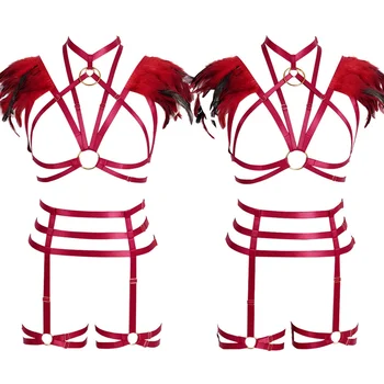 

Feather Epaulettes Angel Wings Goth Steampunk Festival Wedding Halloween Strappy Adjust Full Body Harness Sexy Lingerie Set