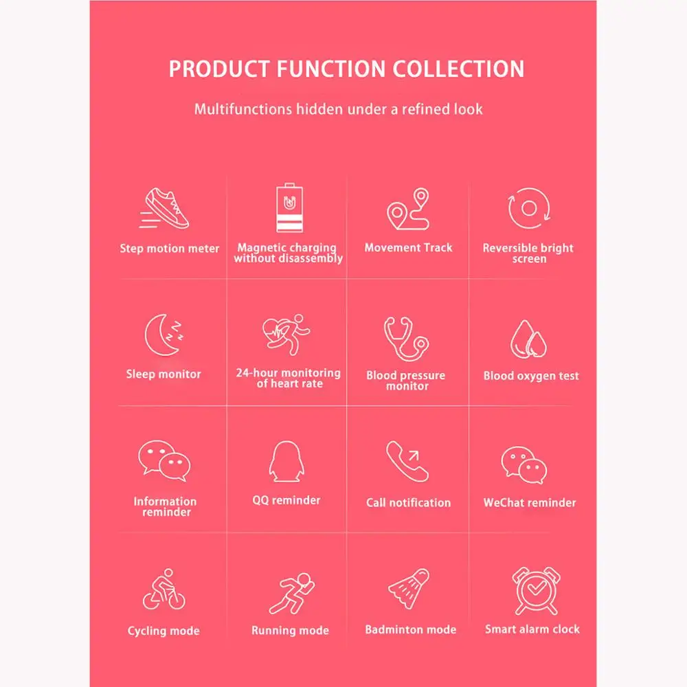 Smart Bracelet Waterproof Smart Watch with Color Screen HR/Blood Oxygen/Pressure/Calorie/Sleep Monitor Pedometer Activity Track