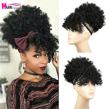 Chignon ricci crespi corti con frangia capelli sintetici panino coulisse coda di cavallo Afro Puff pezzi di capelli per le donne Clip estensione dei capelli