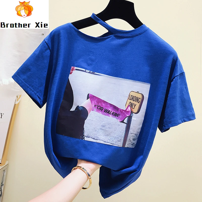 

Short Sleeved Halter T-shirt Women New Summer Korean Loose Leaky Shoulder Tshirt Tee Tops Girls Students Pull Shirts Cotton