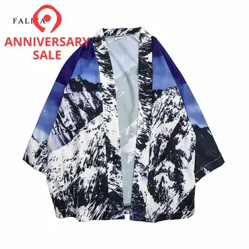 

FALIZA Ice Mountain Full Printed Japanese Style Three Quarter Sleeve Kimono Jacket Men 2018 Summer Open Stitch Mens jacket JK127