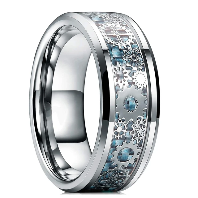 Mens Steampunk Gear Wheel Stainless Steel Ring Dragon Inlay Light Blue Carbon Fiber Ring Gothic Mens Wedding Band Size 6-13 Light Blue