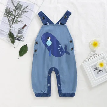 

2020 Infant Cartoon Whale Print Denim Romper Patchwork Blue Color Ins New Fashion Holiday Newborn Clothes Rompers