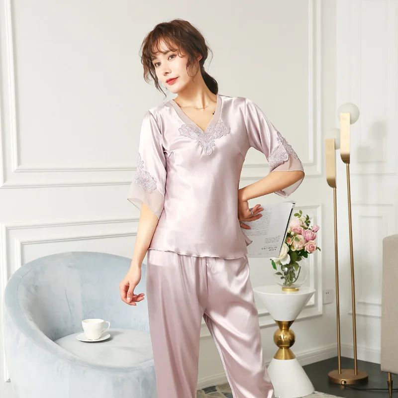 Шелковые пижамы Кружева пижамы 7 очков рукав Для женщин пикантные мягкие уютные сатин; Пижама; ночная рубашка; одежда для сна; комплекты для сна одноцветное домашняя одежда