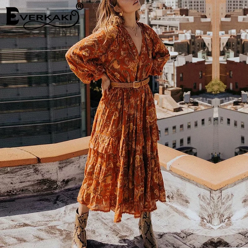 Everkaki Boho длинное платье с принтом женские осенние зимние кружевные лоскутные