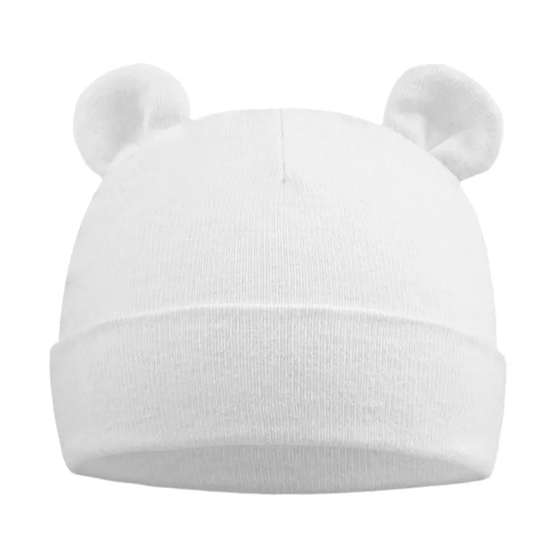White Bear Хлопковая шапочка с бантиком для новорожденных, милая шапка для маленьких девочек, Весенняя мягкая детская шапочка для больницы, одноцветная шапка в полоску для маленьких мальчиков 0-6 месяцев - Цвет: White Bear