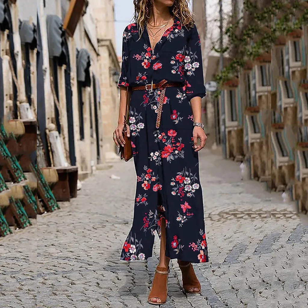 

#35 Tweed Dress Women Dress Plus Size Europe And The United States Autumn And Winter New Print V-Neck High Waist Dresses