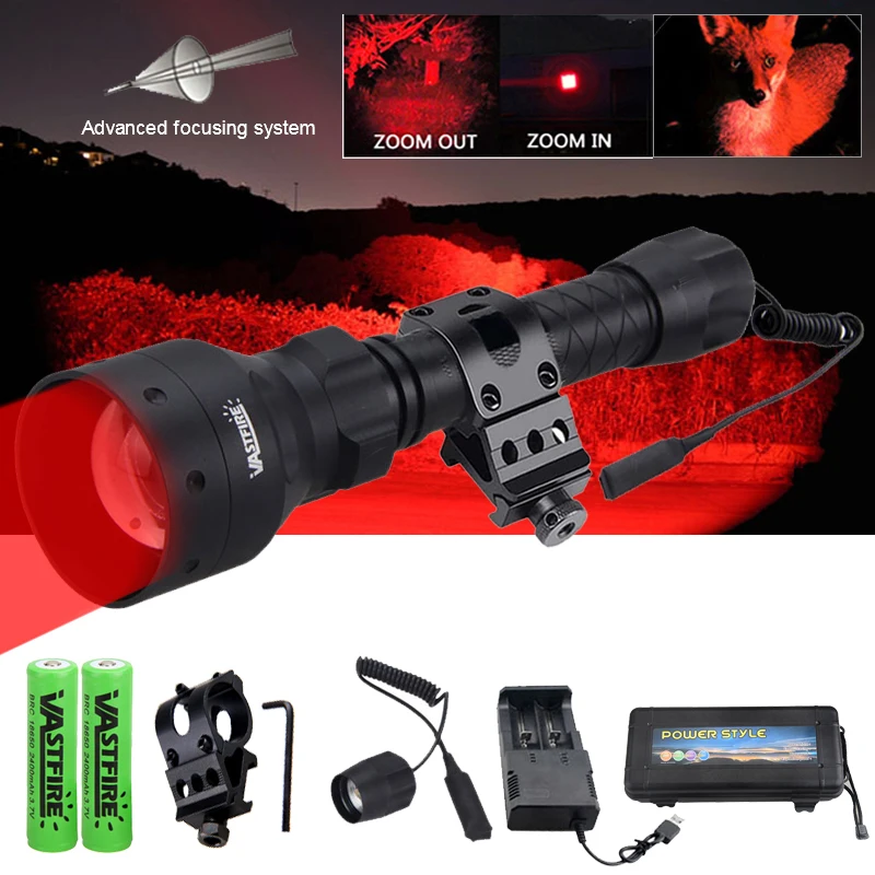 

T50 Tactical Hunting Flashlight XP-E2 500 Yards 55mm Lens Zoomable Focus Red LED Airsoft Weapons Light Rifle Torch Remote switch