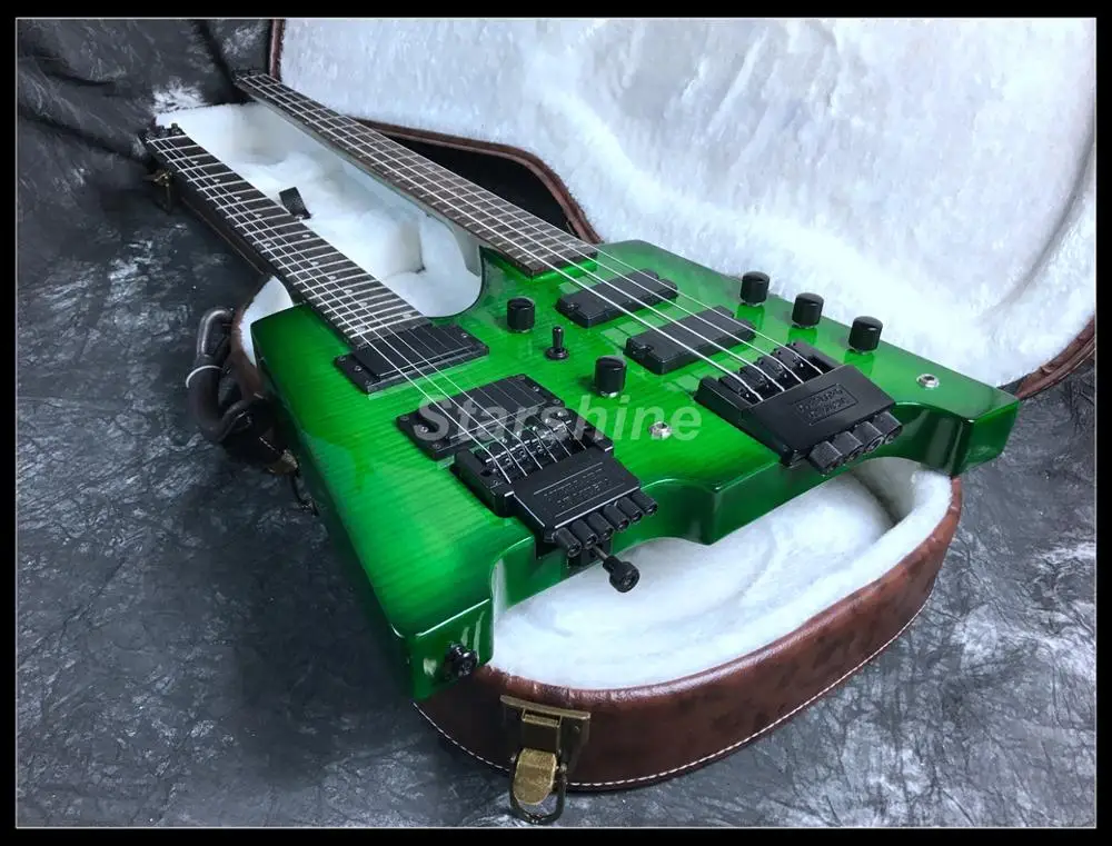 D-D1 Double Neck Headless Electric Guitar And bass Black Hardware Flamed Maple Top veneer Set in Joint