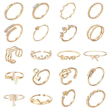 

QIAMNI Boho Bow Wave Mountain Stackable Knuckle Ring Gift Minimalism Pulse Heart Crown Midi Finger Toe Ring Set for Women Bague