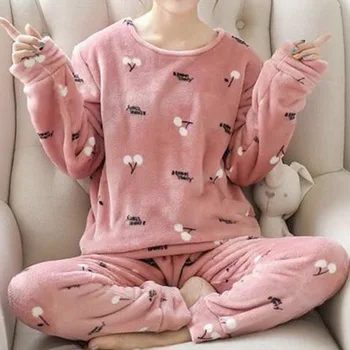 

Pajamas Women Winter Flannel Long-sleeved Thickening Plus Velvet Coral Fleece Cute Autumn And Winter Home Service Suit Women