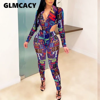

Women Cartoon Letter Printed Two Piece Matching Sets Long Sleeve Mesh Romper & High Waist Bodycon Pants