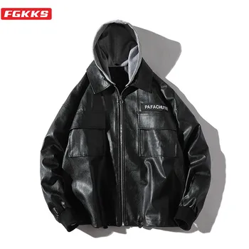 

FGKKS Trend Brand Men Fashion Leather Jacket Spring New Men's Street Patchwork Jacket Coats Hooded PU Leather Jackets Male
