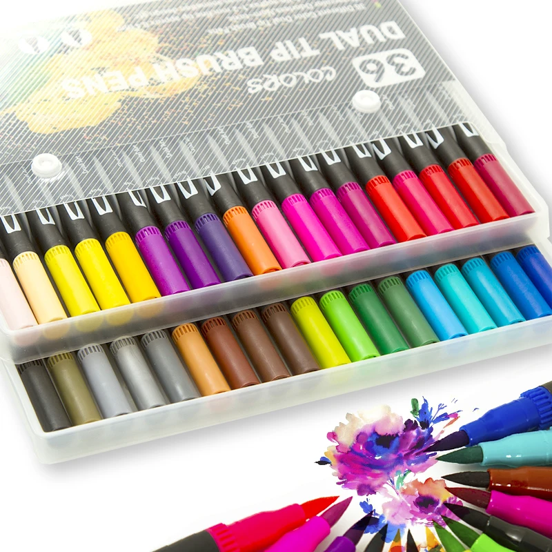 

36 Color Fine liner Water Based Dual Head Sketch Markers Brush Pen for Draw Coloring Books Design Art Supplies
