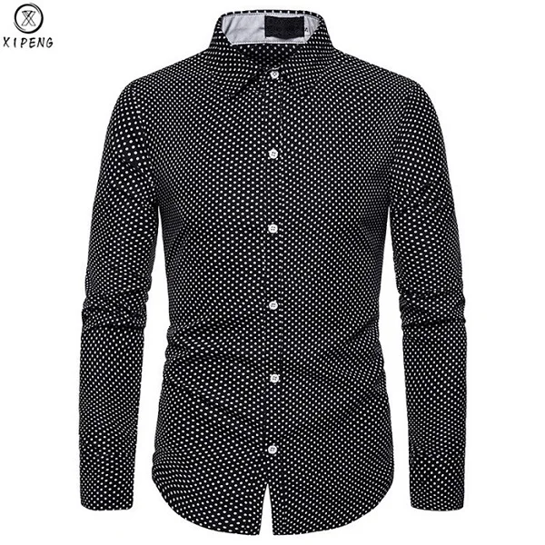 Черный с узором в горошек, с длинным рукавом мужская одежда рубашки для мальчиков Осень Slim Fit Мужская рубашка в стиле кэжуал Формальные Busienss мужские рубашки 2XL - Цвет: black